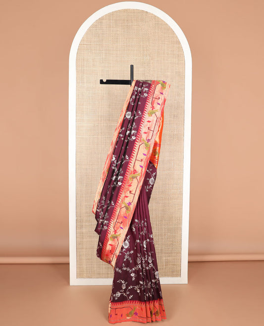 Marron floral design paithani silk saree with parrot design border & floral design pallu