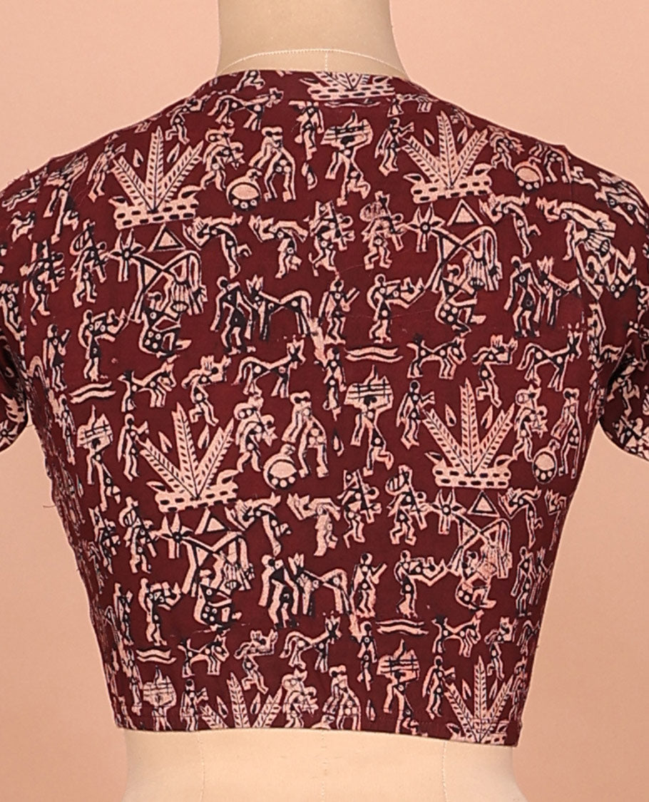 Maroon warli village theme printed front and back leaf neck elbow sleeve cotton readymade blouse