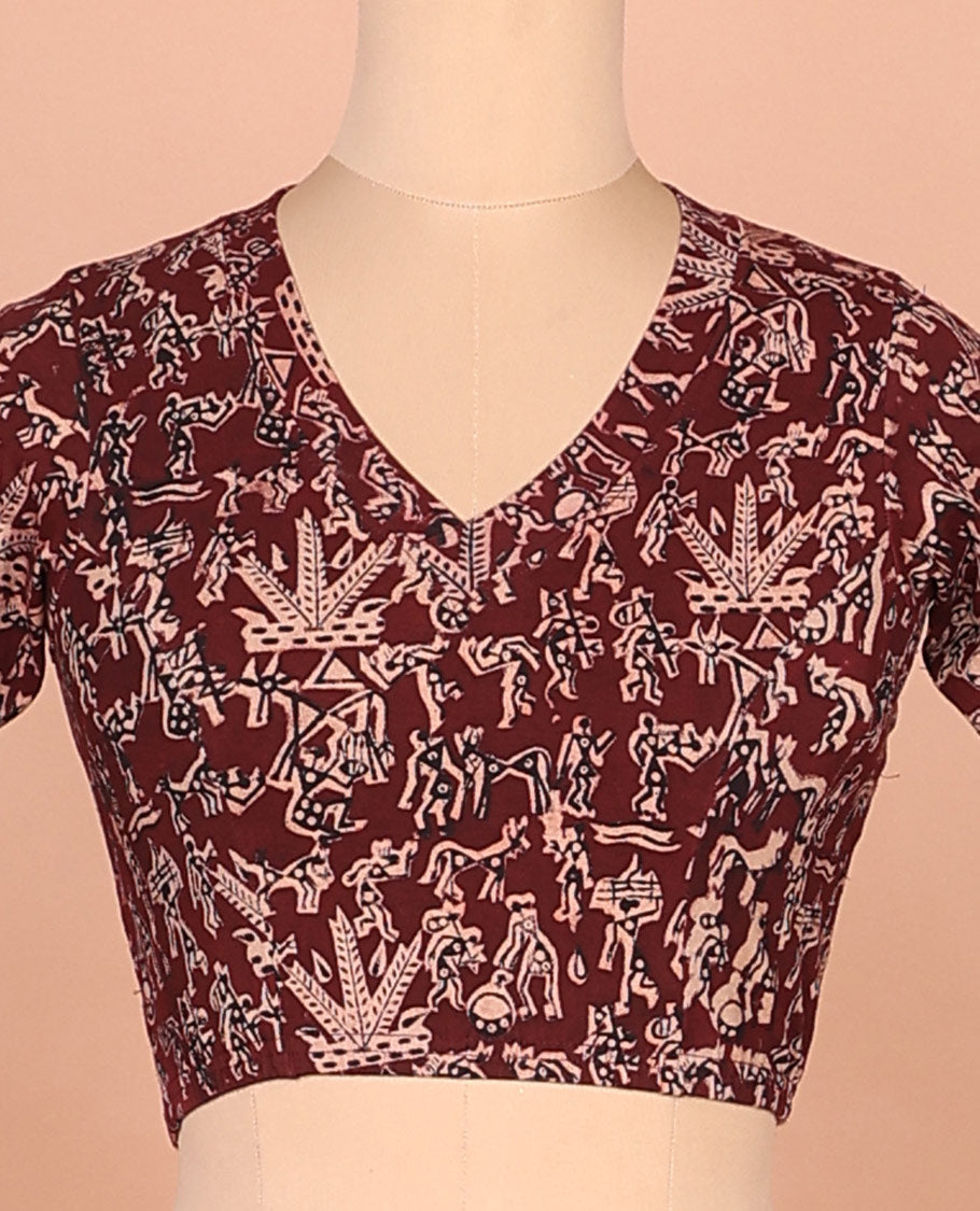 Maroon warli village theme printed front and back leaf neck elbow sleeve cotton readymade blouse