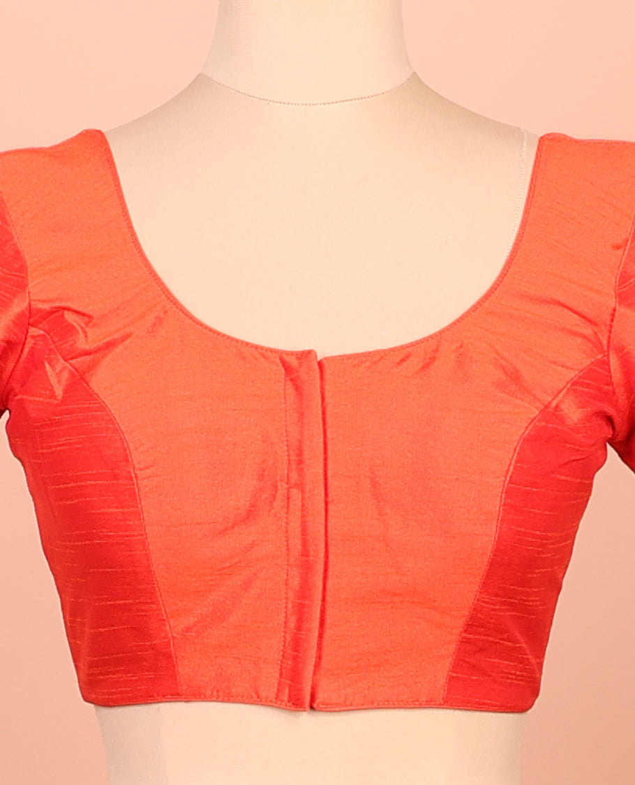 Orange Plain Readymade Blouse Featuring a Front Round-Neck, Back Round-Neck, and Elbow Sleeves