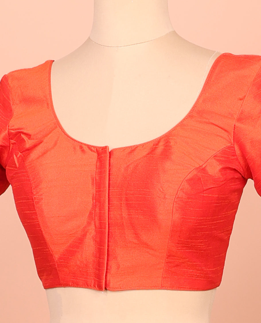 Orange Plain Readymade Blouse Featuring a Front Round-Neck, Back Round-Neck, and Elbow Sleeves