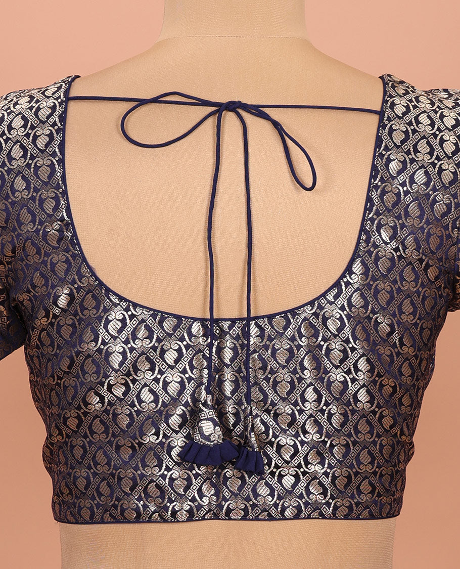 Navy blue paisleys-theme jacquard front-back round neck elbow-sleeve readymade blouse