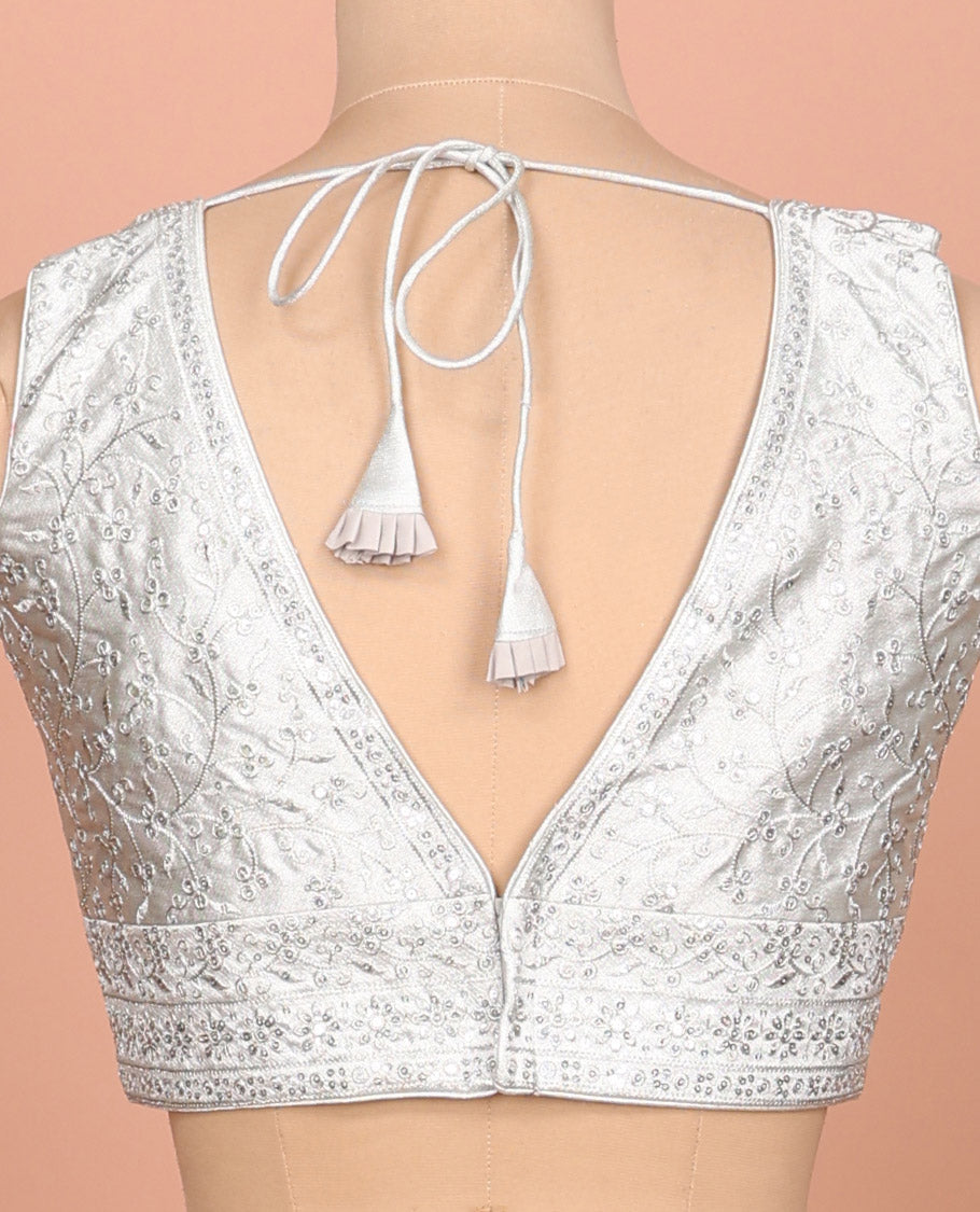 Silver floral embroidered front sweet heart-neck sleeveless readymade blouse