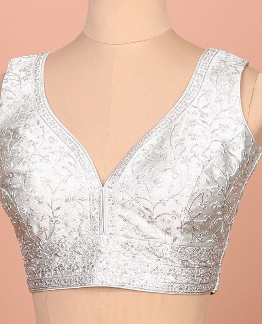 Silver floral embroidered front sweet heart-neck sleeveless readymade blouse