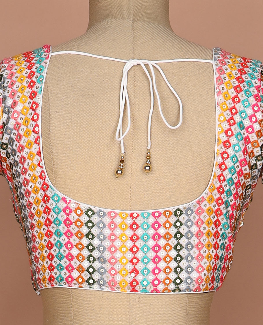 Kaleidoscopic colored thread and sequins embroidered round neck elbow sleeve raw silk readymade blouse