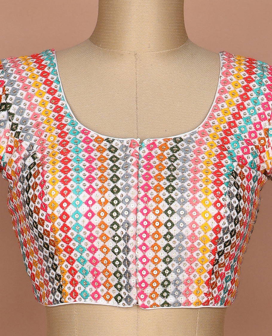 Kaleidoscopic colored thread and sequins embroidered round neck elbow sleeve raw silk readymade blouse