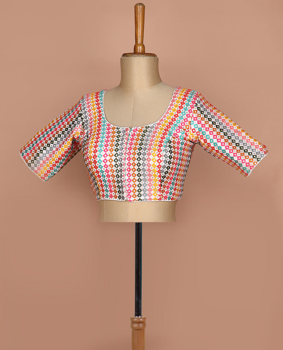 Kaleidoscopic colored thread and sequins embroidered round neck elbow sleeve raw silk readymade blouse