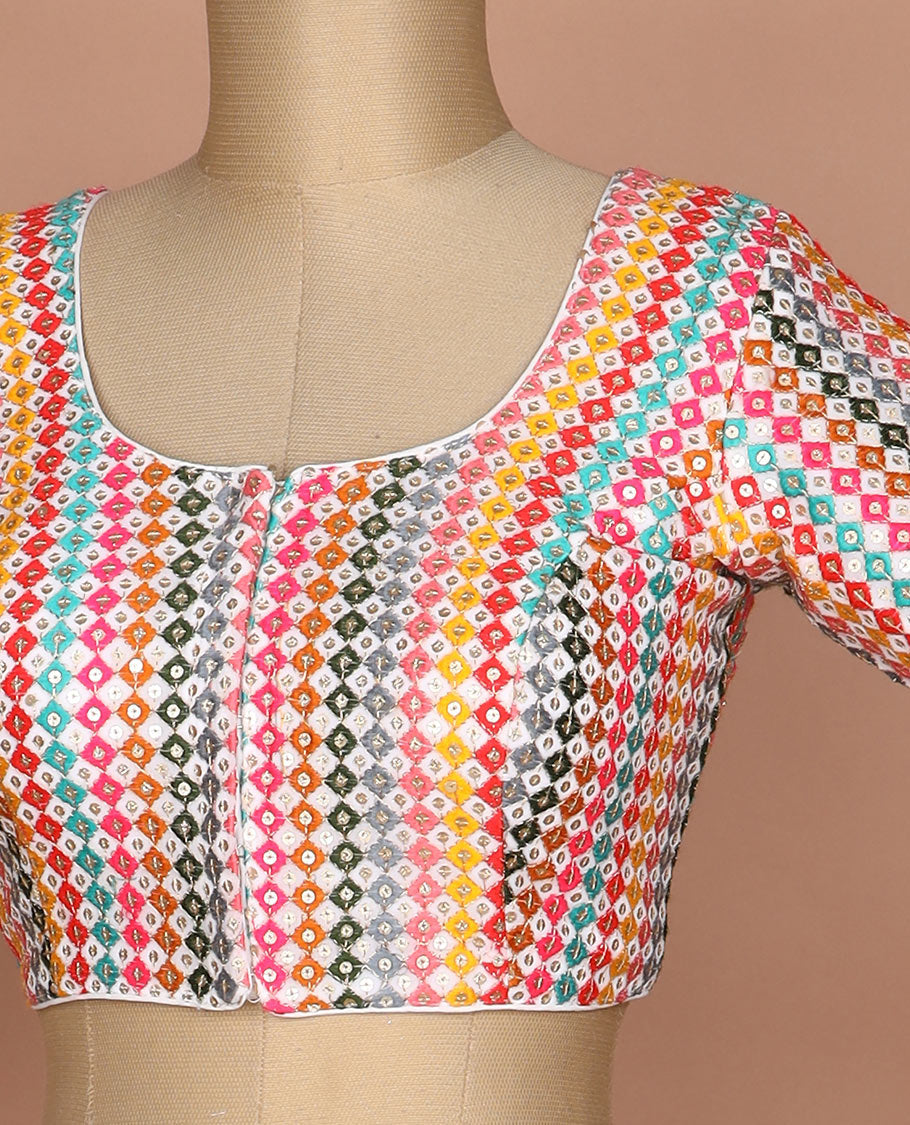 Kaleidoscopic colored thread and sequins embroidered round neck elbow sleeve raw silk readymade blouse