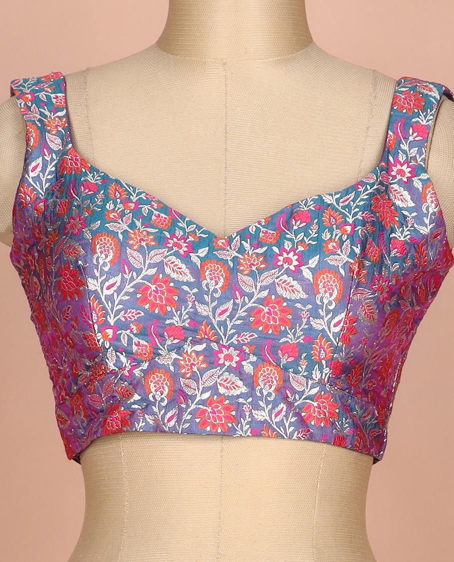 Blue meenakari floral jaal jacquard sweet-heart neck thick strapped sleeveless banarasi readymade blouse