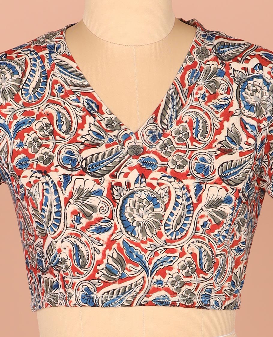 Multi-Color Readymade Blouse Meticulously Printed with Floral-Paisley Vine, Featuring a Front V-Neck, a Back Closed Neck, and Full Sleeves