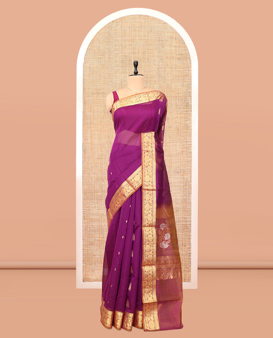 Pink Silk Cotton Saree, Delicately Woven with Zari Buttas, a Contrast Floral Creeper Border, Floral Pallu, and a Contrast Blouse