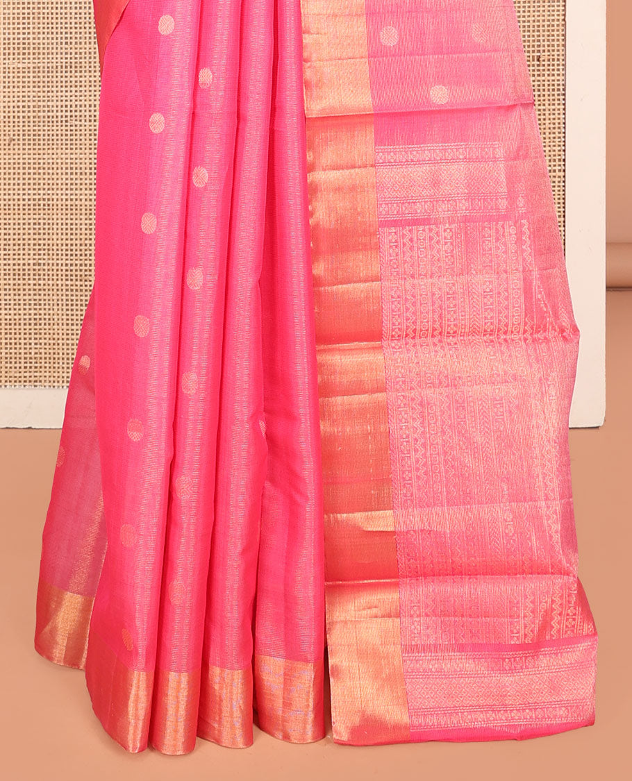 Pink Silk Cotton Saree, Detailed with Rudraksham Buttas, a Gleaming Bavanji Border, Pallu of Geometric Designs, and a Matching Blouse