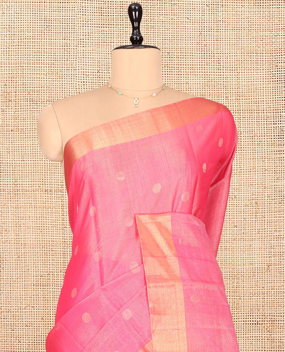 Pink Silk Cotton Saree, Detailed with Rudraksham Buttas, a Gleaming Bavanji Border, Pallu of Geometric Designs, and a Matching Blouse