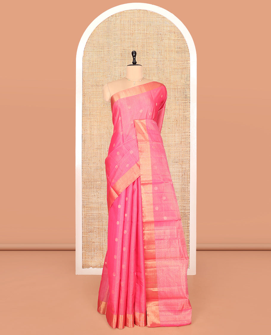 Pink Silk Cotton Saree, Detailed with Rudraksham Buttas, a Gleaming Bavanji Border, Pallu of Geometric Designs, and a Matching Blouse