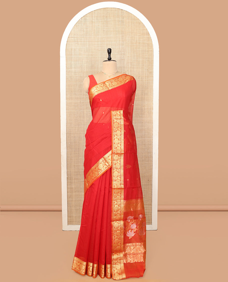 Red Silk Cotton Saree, Majestically Detailed with Zari Buttas and Stripes, a Contrast Floral Creeper Border, Floral Design Pallu, and a Matching Blouse