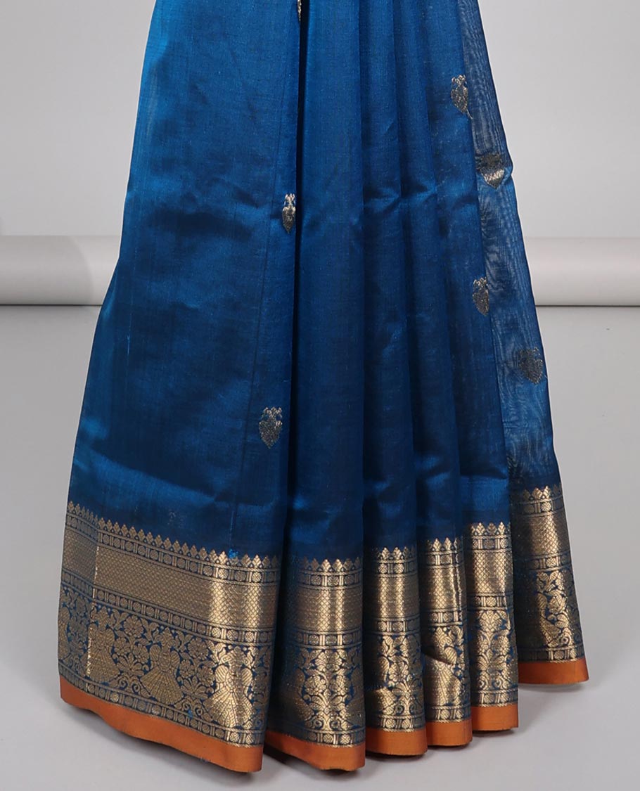 Blue motifs cotton silk saree with contrast zari design border & intricate zari design pallu