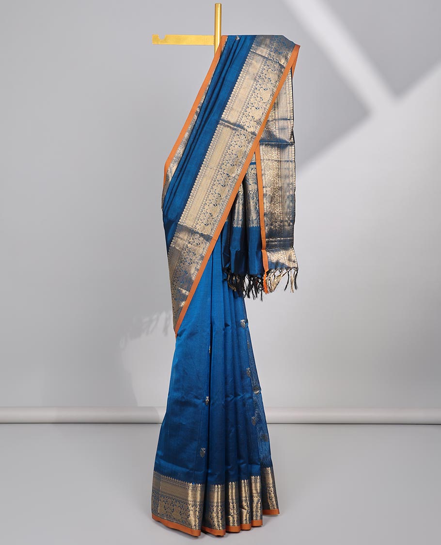 Blue motifs cotton silk saree with contrast zari design border & intricate zari design pallu