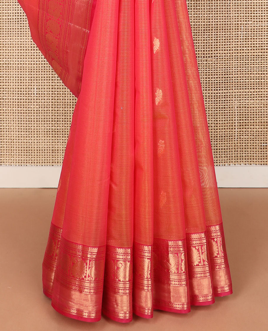 Peach floral motifs silk cotton saree with contrast zari design border & floral design pallu