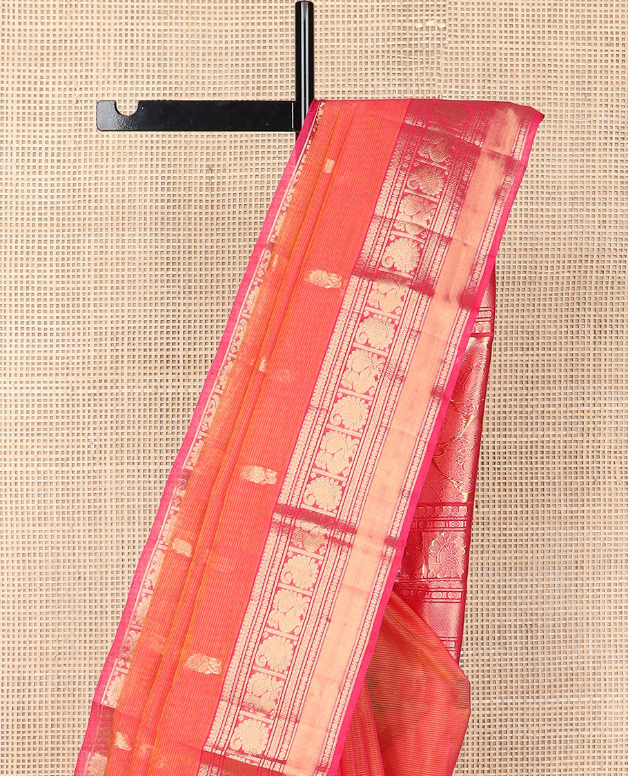 Peach floral motifs silk cotton saree with contrast zari design border & floral design pallu