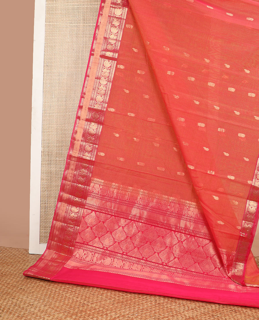 Peach floral motifs silk cotton saree with contrast zari design border & floral design pallu