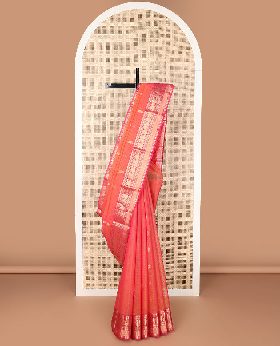 Peach floral motifs silk cotton saree with contrast zari design border & floral design pallu