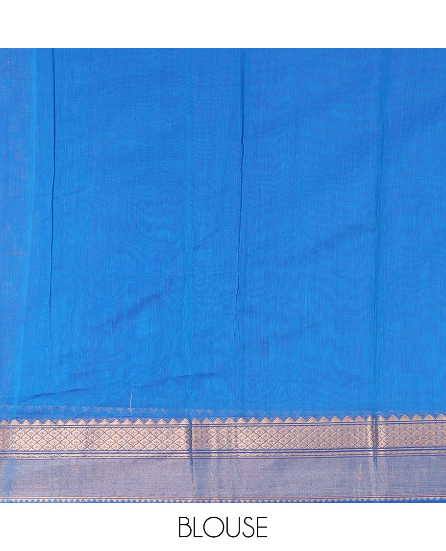 Blue Silk Cotton Saree Bedecked with Zari Buttas All Over the Body, Highlighted with Contrast Traditional Zari Border, Contrast Pallu Elevated with Jaal Design, and Paired with a Contrast Blouse