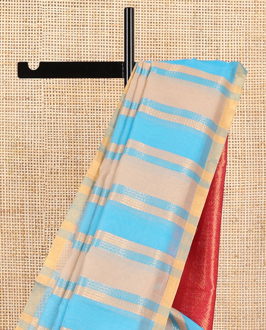 Multi-color striped silk cotton saree with contrast zari border & jaal design pallu