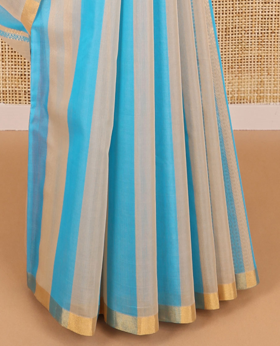 Multi-color striped silk cotton saree with contrast zari border & jaal design pallu