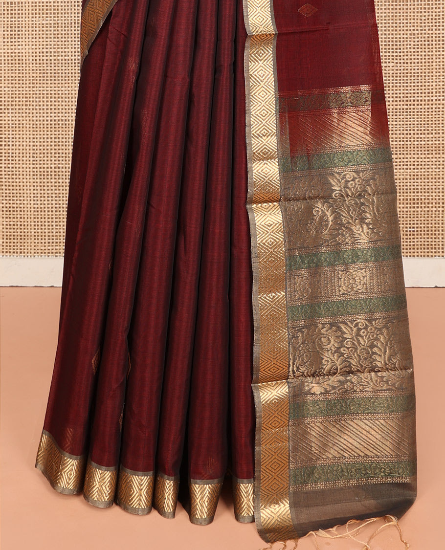 Maroon Silk Cotton Saree, Delicately Woven with Diamond Buttas, Contrast Diamond Zari Border, Pallu of Peacock-Paisley Designs, and a Contrast Blouse