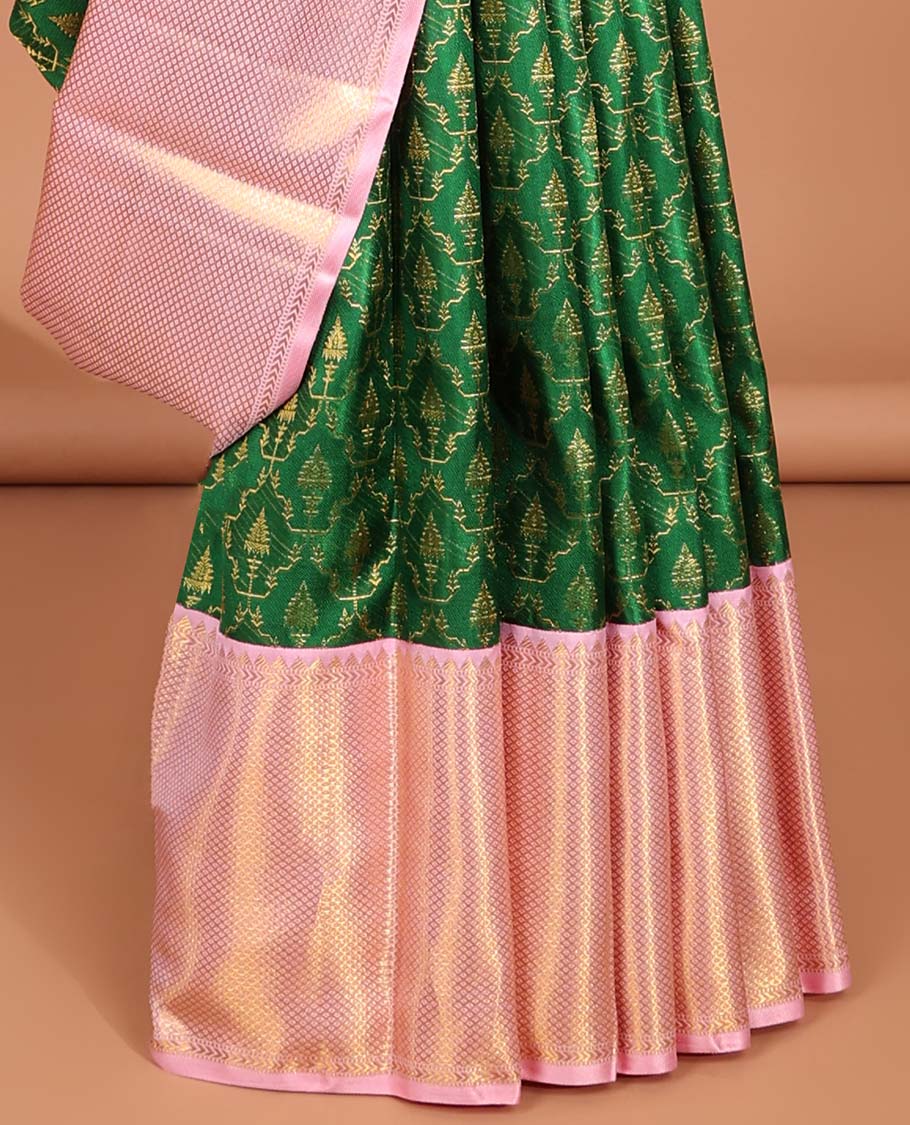 Green jacquard samudrika silk saree with contrast checked design border & intricate zari design pallu