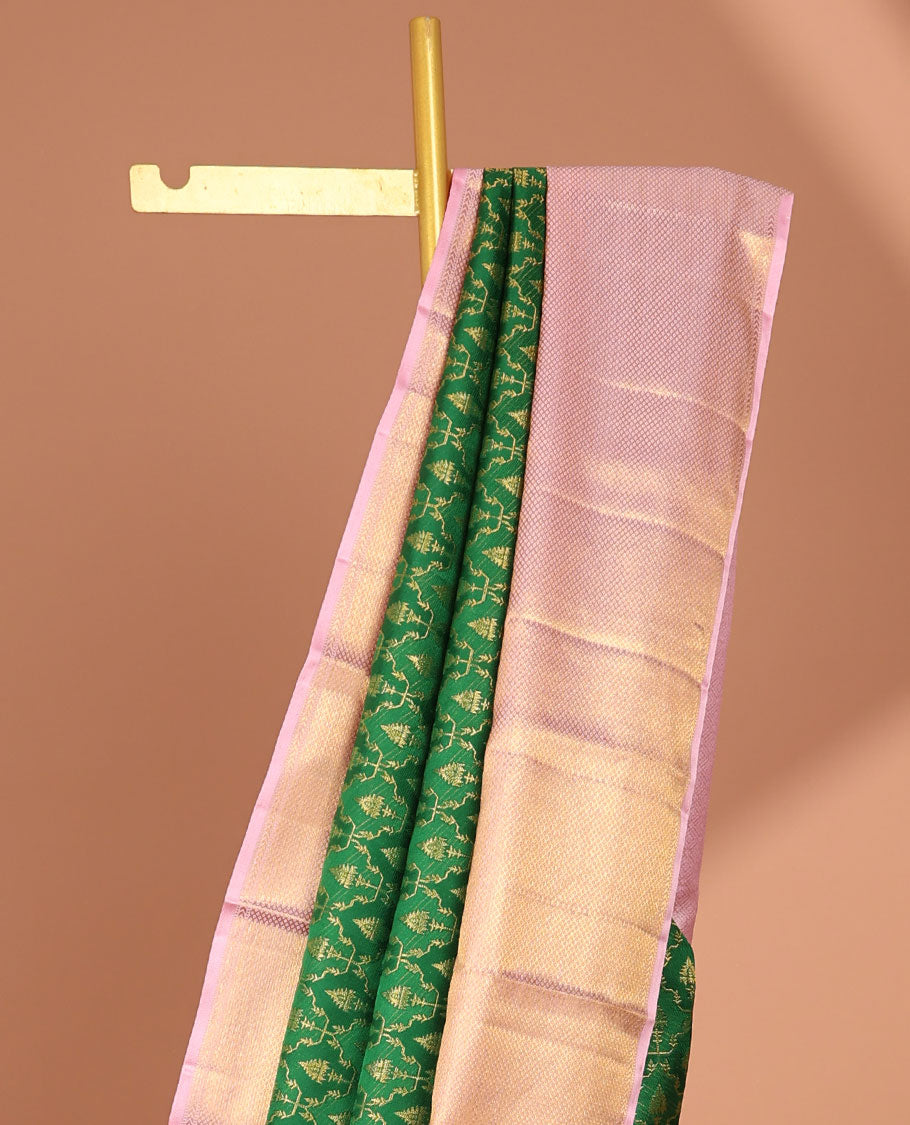 Green jacquard samudrika silk saree with contrast checked design border & intricate zari design pallu