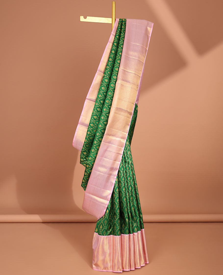 Green jacquard samudrika silk saree with contrast checked design border & intricate zari design pallu