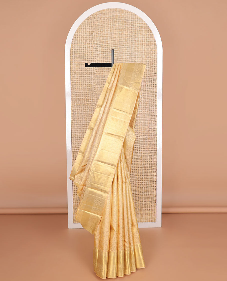 Cream floral vine design silk saree with self border of intricate zari design border & floral design pallu