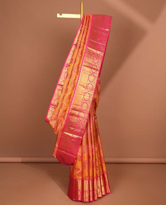Orange paisley silk saree with contrast border of paisley,banaras,kodi visiry,paun designs & floral, checked zari design pallu