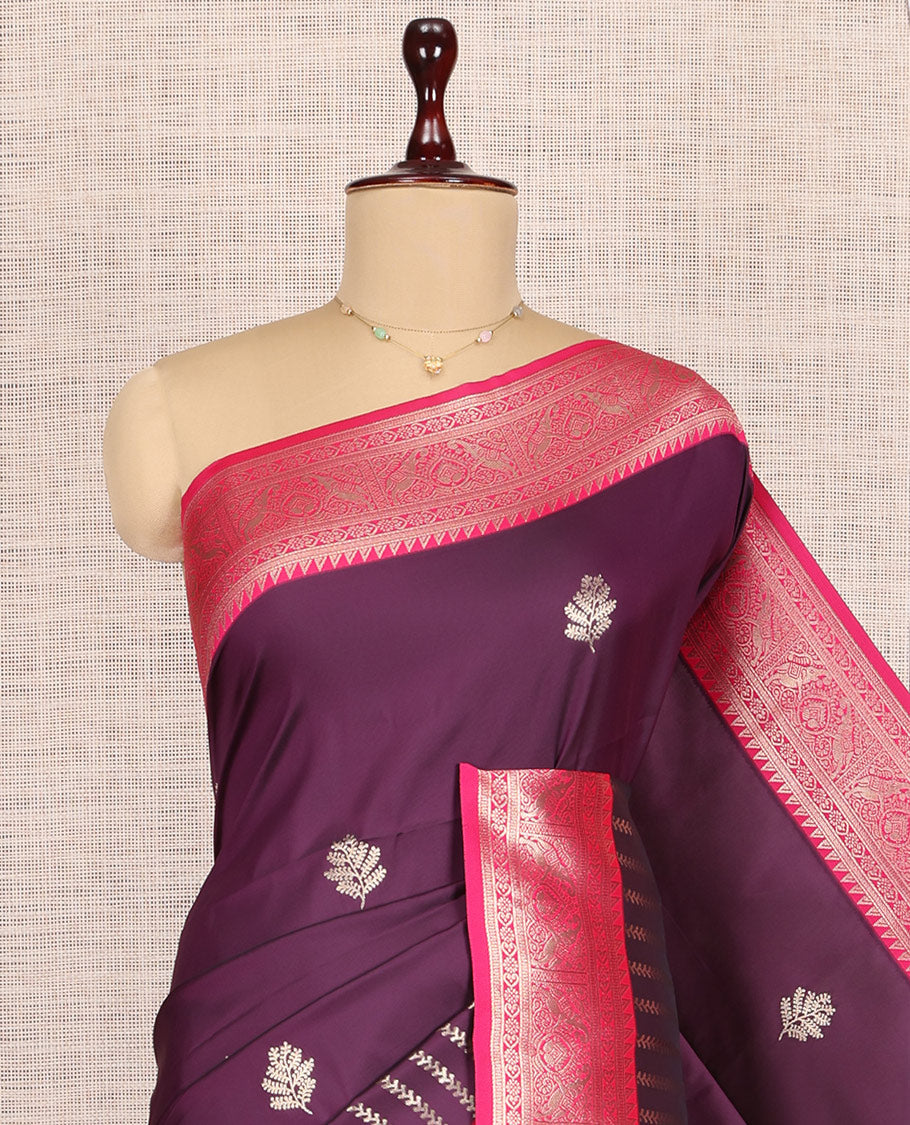 Purple Fancy Soft Silk Saree, Ornamented with Zari Buttas, Complemented by Contrast Zari Traditional Border, Grand Pallu, and a Contrast Blouse