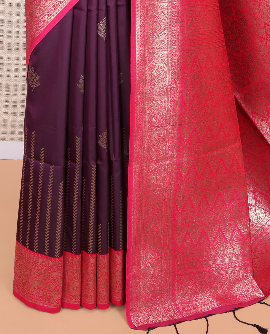 Purple Fancy Soft Silk Saree, Ornamented with Zari Buttas, Complemented by Contrast Zari Traditional Border, Grand Pallu, and a Contrast Blouse