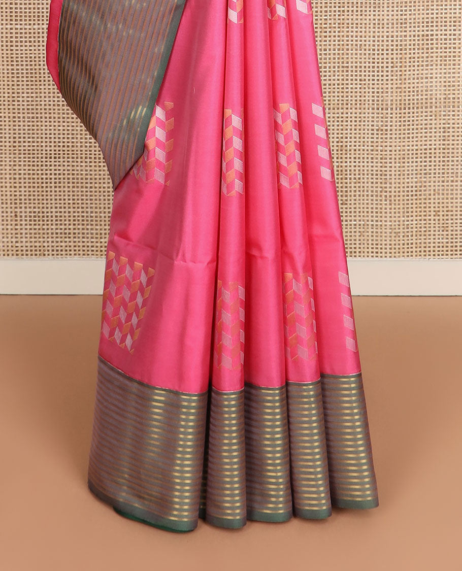 Pink zari buttas soft silk saree, contrast zari striped border, and jaal pallu