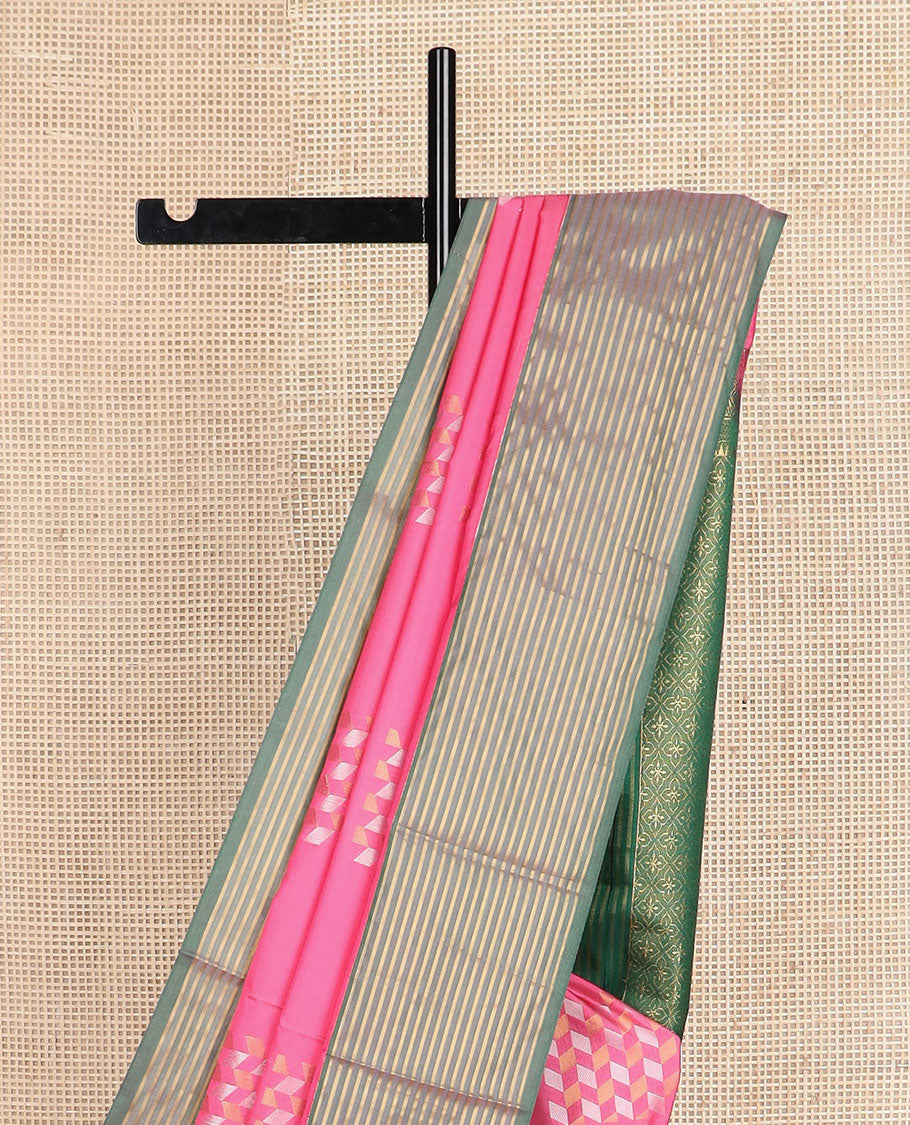 Pink zari buttas soft silk saree, contrast zari striped border, and jaal pallu