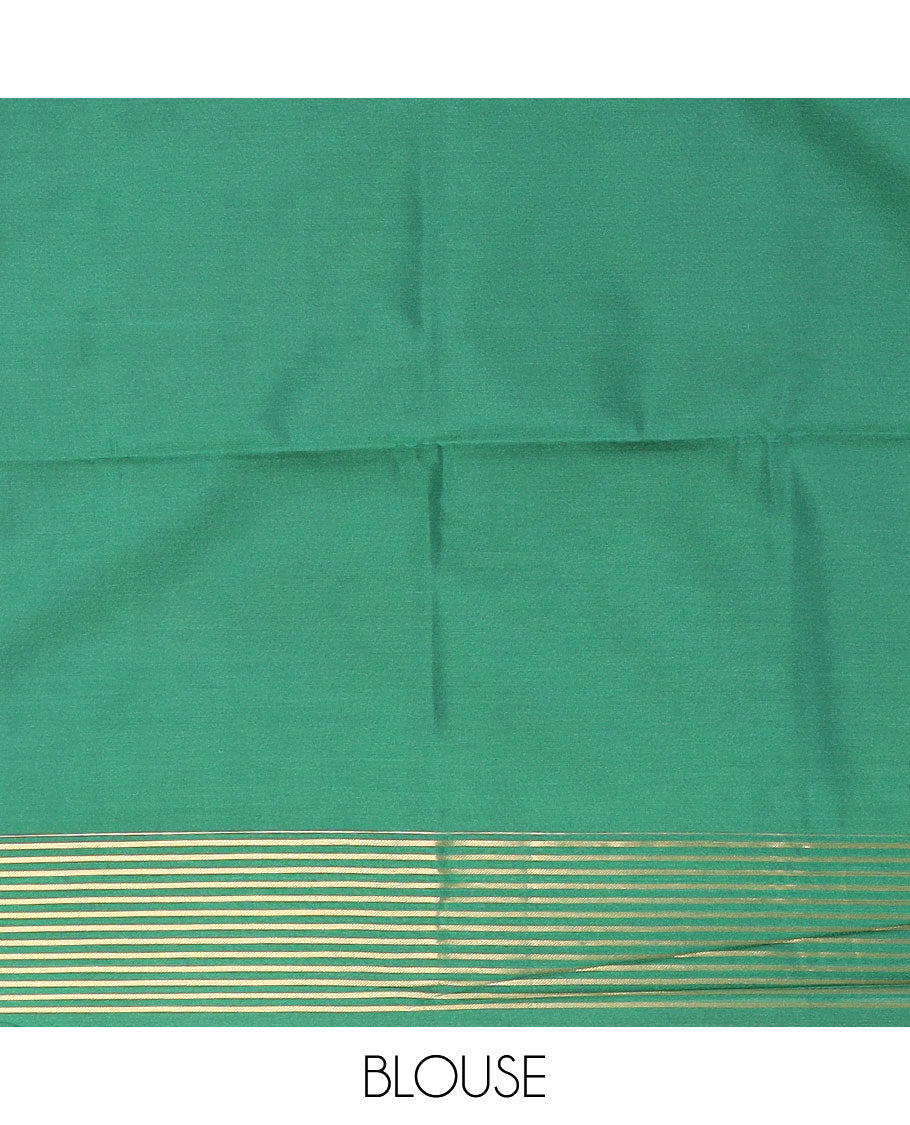 Pink zari buttas soft silk saree, contrast zari striped border, and jaal pallu