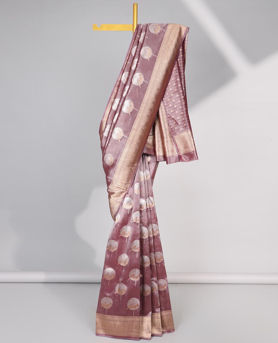 Onion pink round motifs tissue saree with self zari design border & ogee , floral design pallu