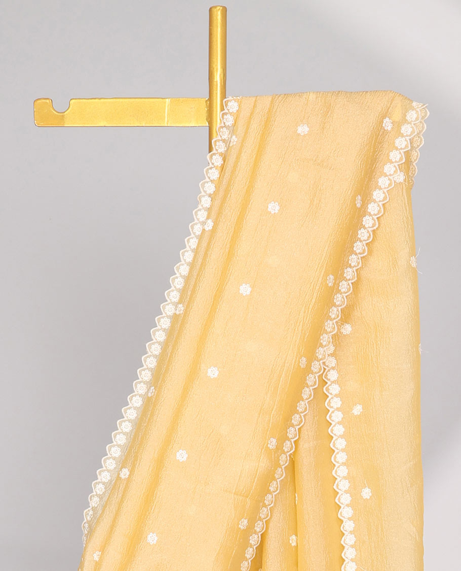 Pink Crushed Tissue saree with scallop motif border and intricate motif embroidery pallu