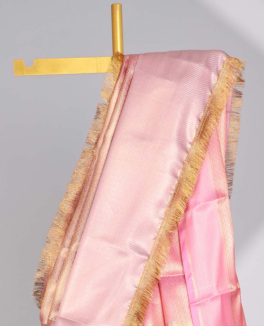 Pastel pink zig zag striped tissue saree with self striped border & intricate zari design pallu