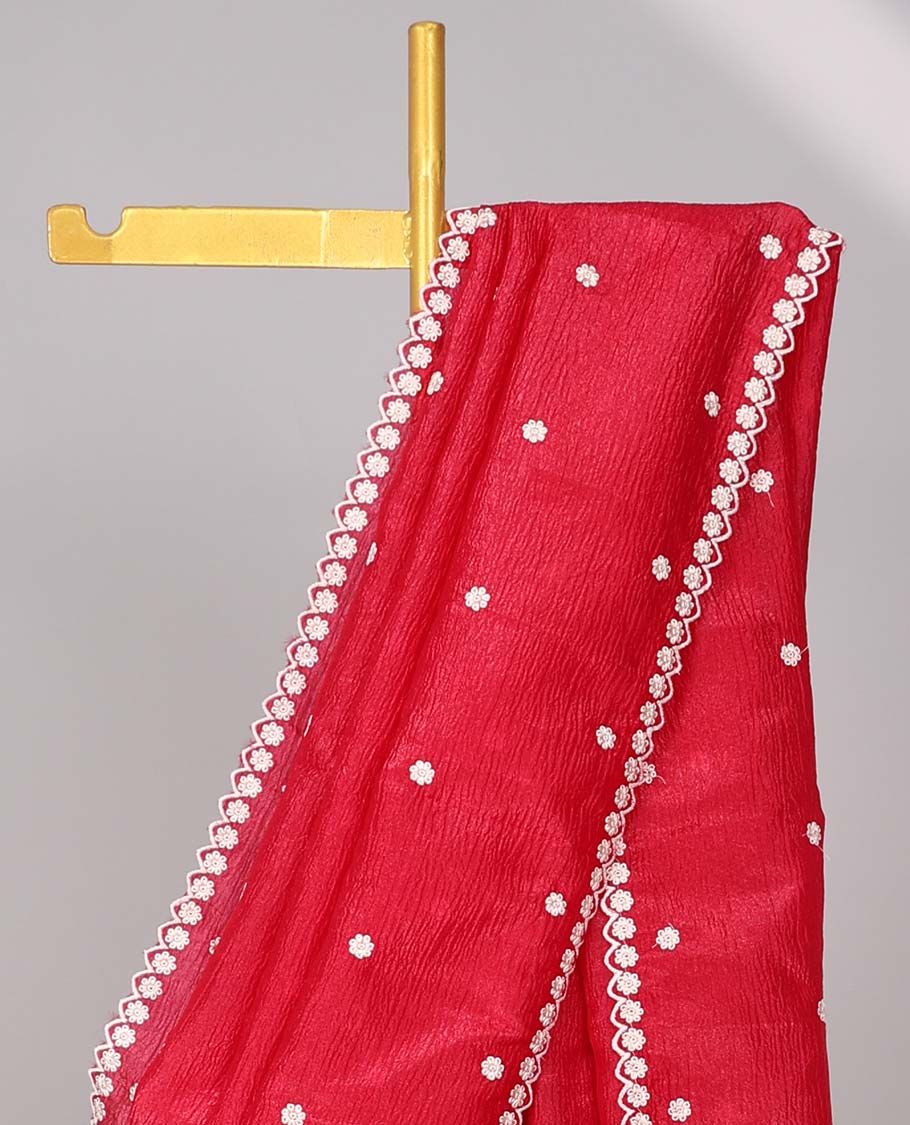 Red crushed tissue saree with all-over floral motifs embroidered & floral scallop border