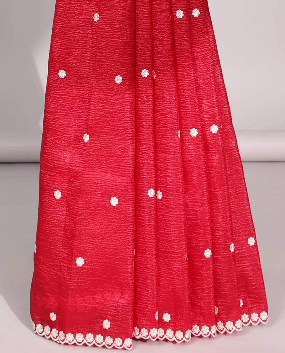 Red crushed tissue saree with all-over floral motifs embroidered & floral scallop border
