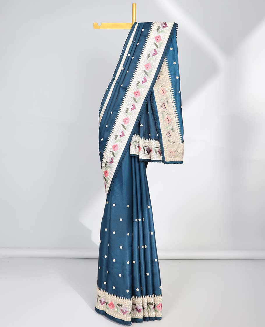 Blue polka dot semi-banaras tussar saree & contrast floral thread embroidered border