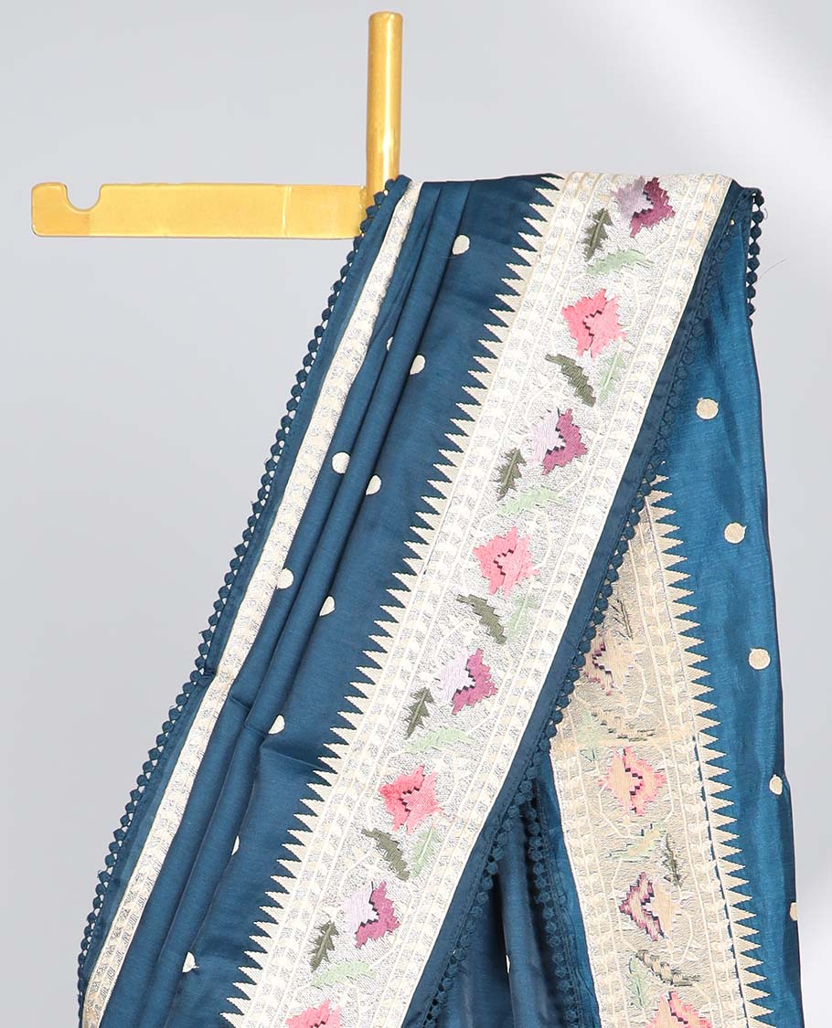 Blue polka dot semi-banaras tussar saree & contrast floral thread embroidered border