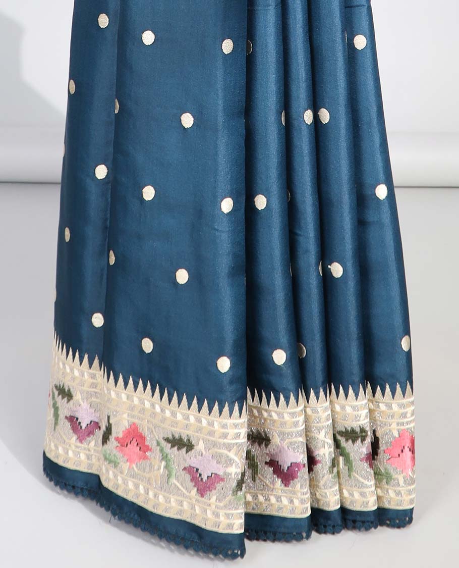 Blue polka dot semi-banaras tussar saree & contrast floral thread embroidered border