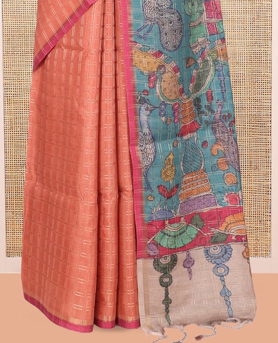 Peach Fancy Tussar Silk Saree, Embellished with Checked Design, Contrast Zari Piping Border, Pallu of Kalamkari Motifs, and Contrast Kalamkari Printed Blouse