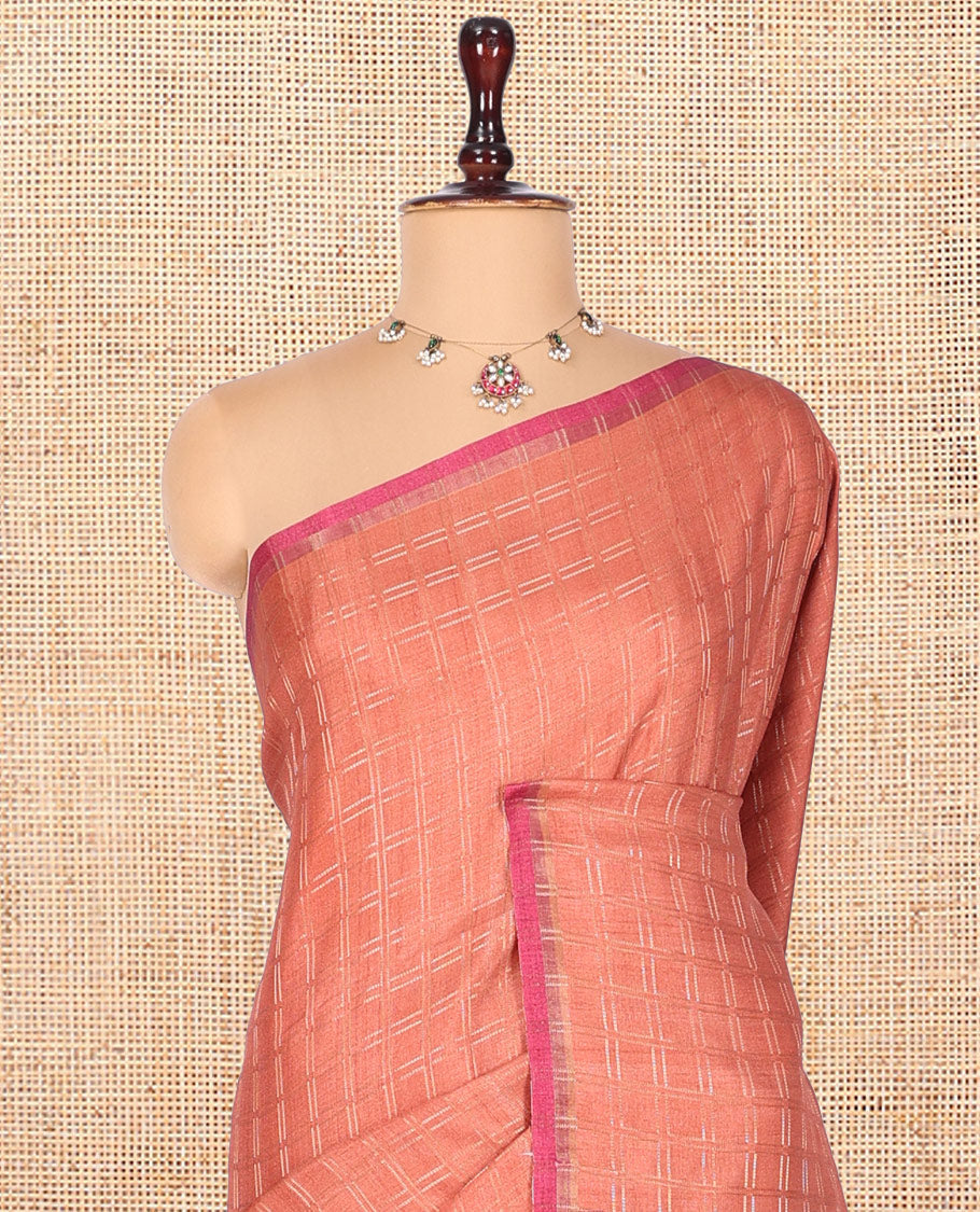 Peach Fancy Tussar Silk Saree, Embellished with Checked Design, Contrast Zari Piping Border, Pallu of Kalamkari Motifs, and Contrast Kalamkari Printed Blouse