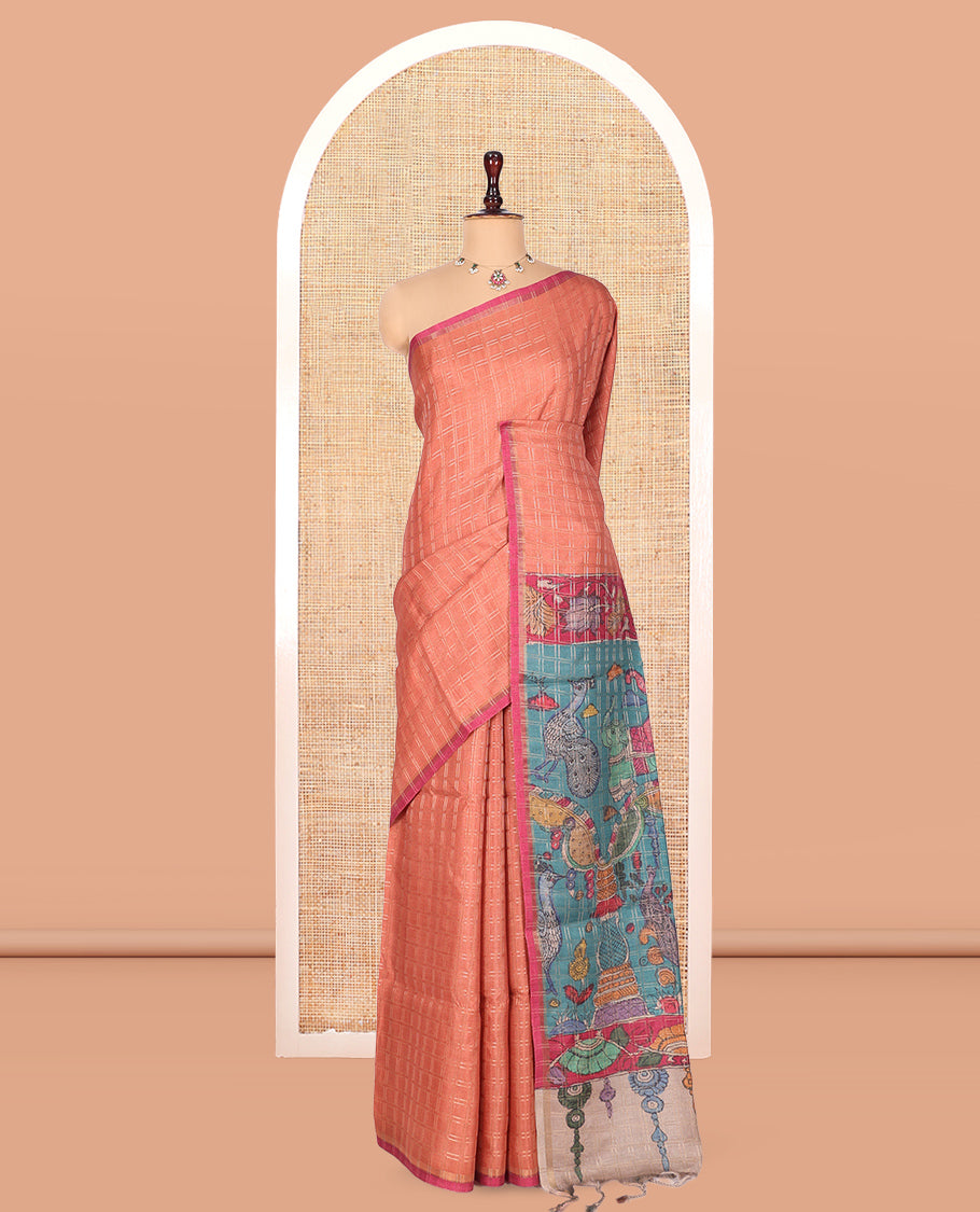 Peach Fancy Tussar Silk Saree, Embellished with Checked Design, Contrast Zari Piping Border, Pallu of Kalamkari Motifs, and Contrast Kalamkari Printed Blouse
